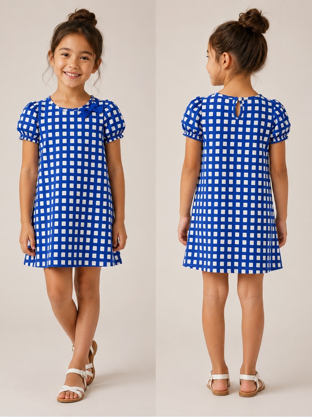 GAP Blue and White Gingham Puff-Sleeve Dress